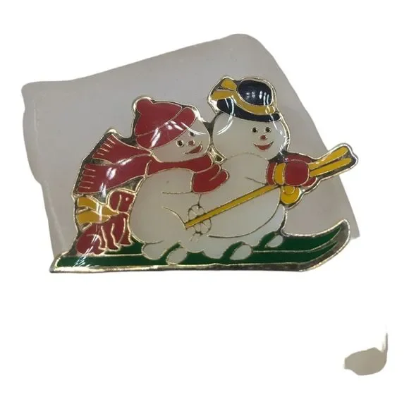 Vintage Christmas Holiday Enamel Brooch Pin Mr & Mrs Snowman Sledding Skiing - Picture 2 of 5